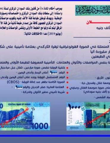بنك السودان يعلن اصدار الطبعة الثانية من فئة الالف جنيه